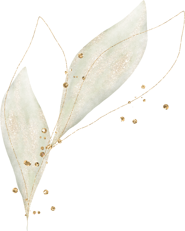 Green watercolor leaves with gold and glitter splatter